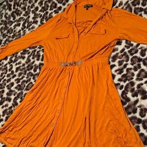 Apt. 9 Orange Long-Sleeve Button-Front Shirt Dress with Belt